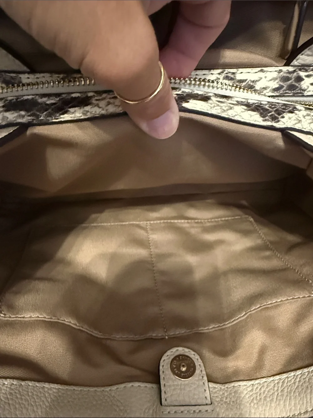 Coach Kristy Signature Beige Canvas Shoulder Bag with Snake-Print Trim